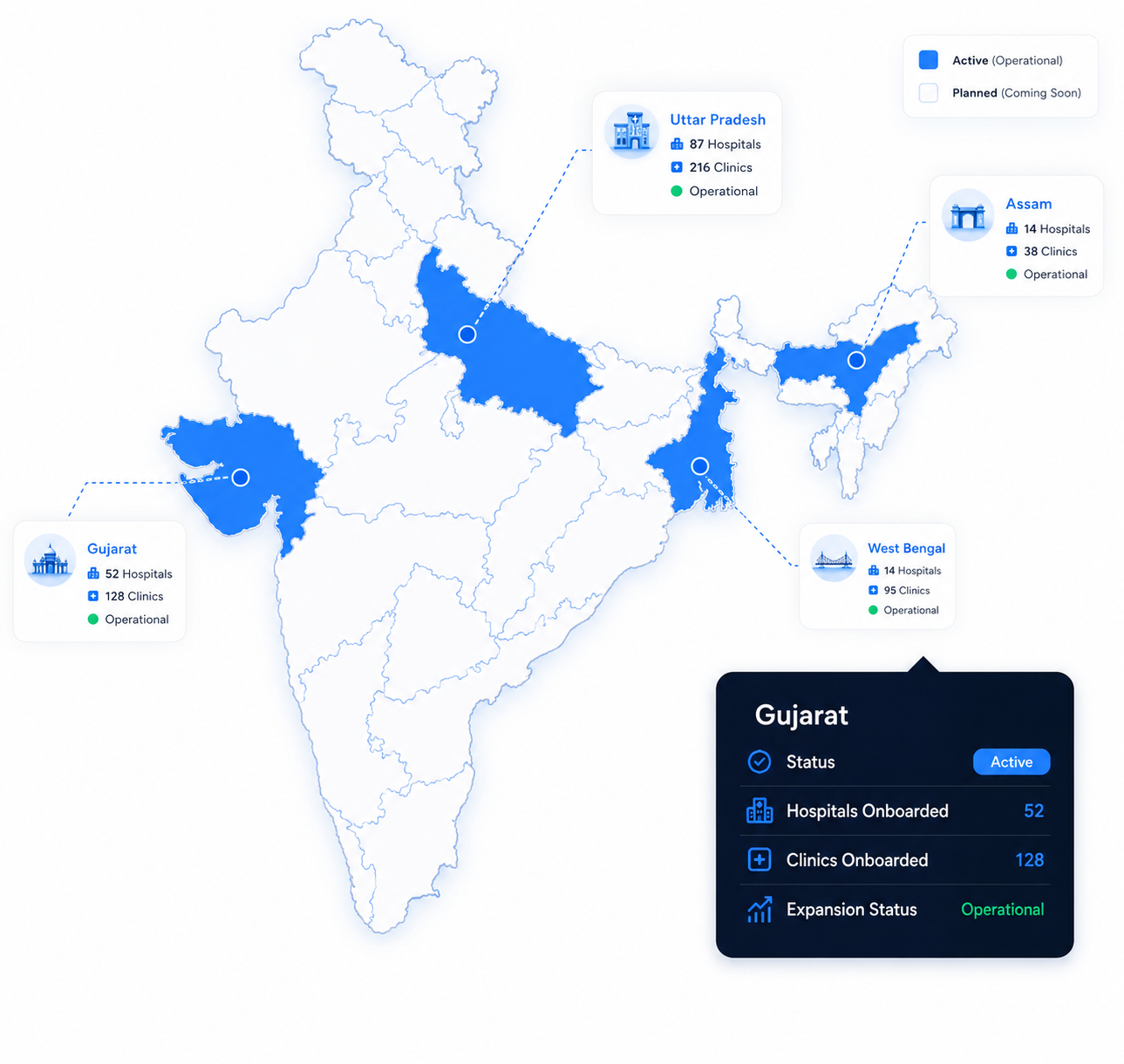 Sanvya Health operational map of India — active hospitals and clinics in Gujarat, Uttar Pradesh, West Bengal, and Assam